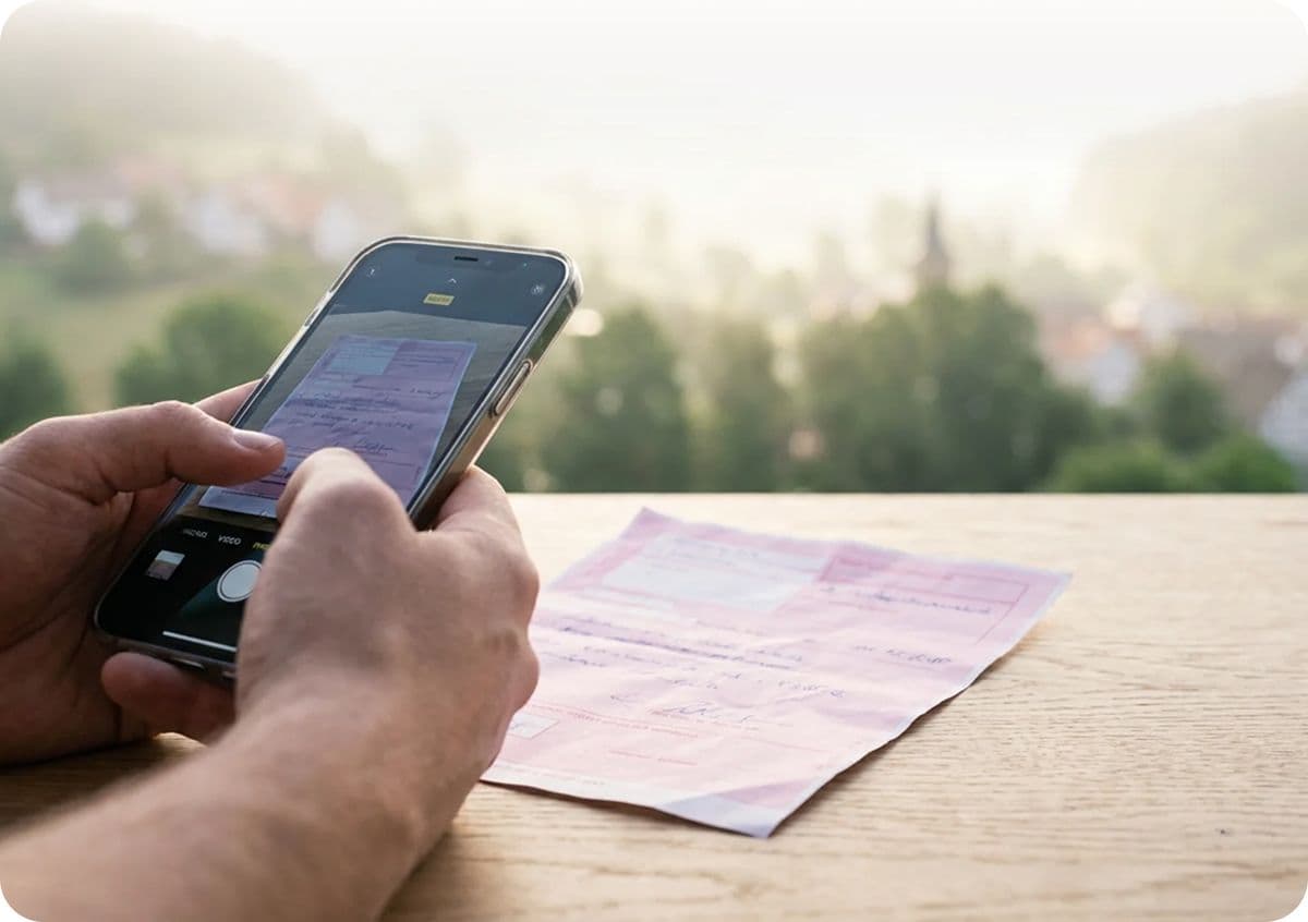 Hände halten ein Smartphone, es liegt ein ärztliches Rezept auf dem TIsch
